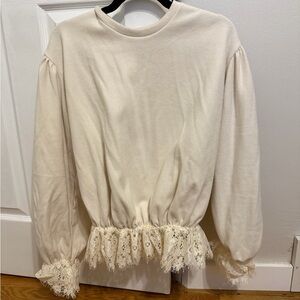 NWT Zara - Elegant Puff-Sleeve Cream Lace Trim Women's Top